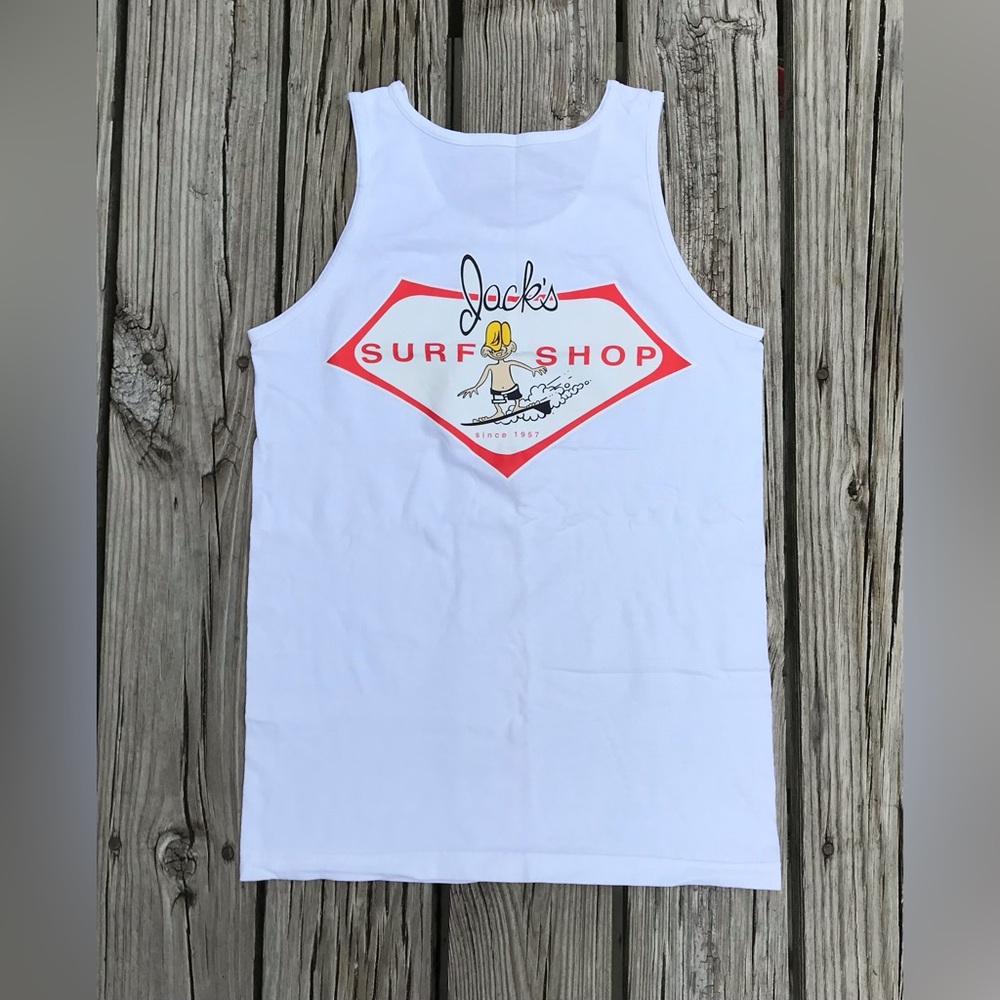 Mens S JACKS SURF SHOP Cartoon Surfer Dude Graphic Logo Tank Top Tee Tshirt Surf